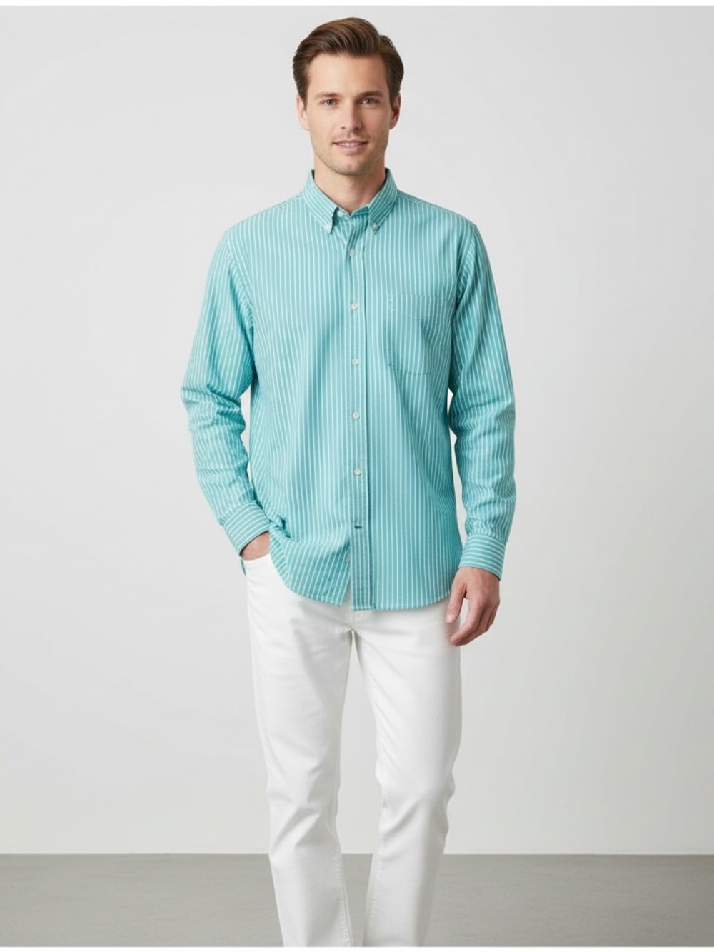 Club Room 100% Cotton Turquoise & White Striped Button-Down Dress Shirt L
